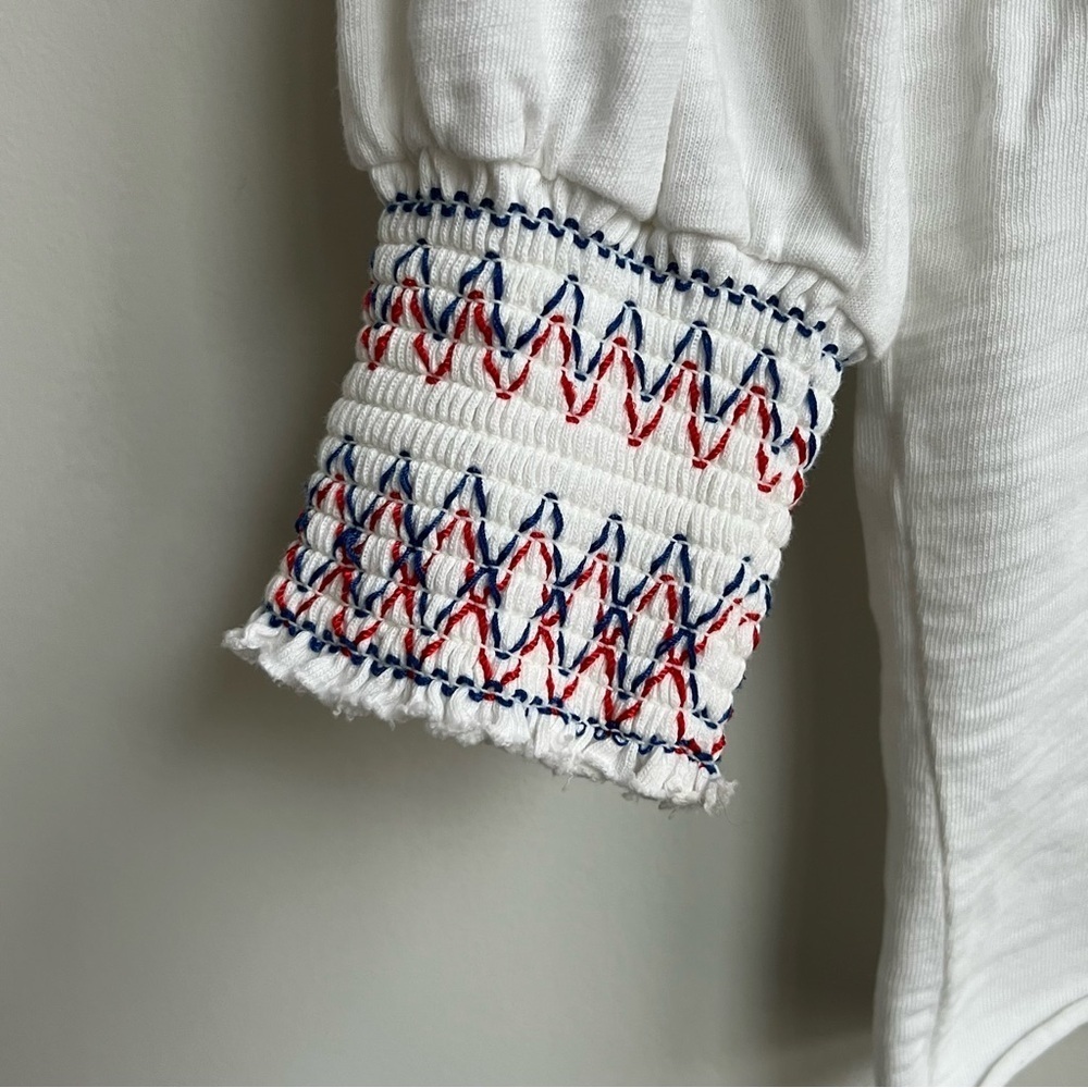 Nation LTD Jude Embroidered Smocked Ballon Sleeve V-neck White Top XS Patriotic - Picture 6 of 12